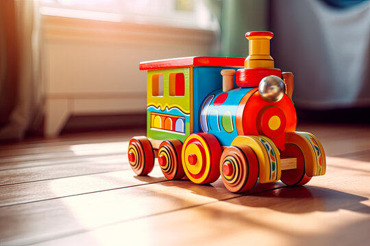 Colorful wooden toy train on floor Children's room