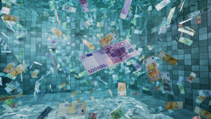 Floating euro bills - money flying in Pool - underwater banknotes wallpaper - obrazy, fototapety, plakaty