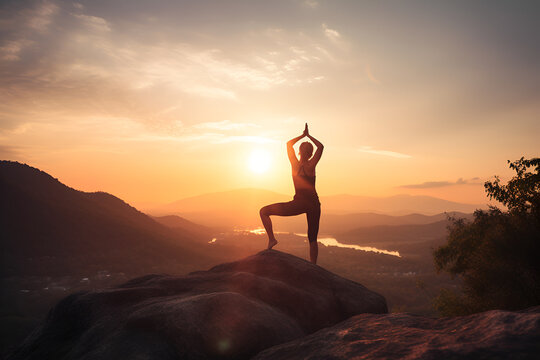 Silhouette young woman practicing yoga sunset. Mountain Hike Nature Landscape Meditation