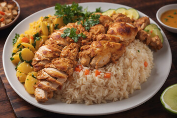 Brazilian food: Chicken and rice Galinhada Mineira close-up on a plate on a table. Horizontal top view from above