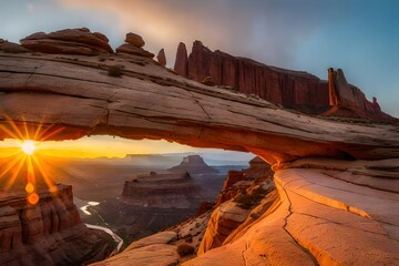 Famous sunrise at Mesa Arch in Canyonlands National Park, Utah, USA. Ai Generated