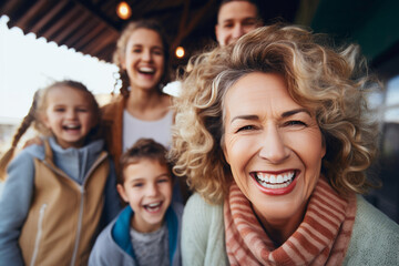 A happy mature woman surrounded by family, cherishing moments of togetherness Generative AI