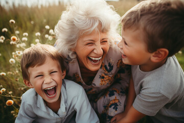 A lively mature woman laughing with her grandchildren, cherishing precious family time Generative AI