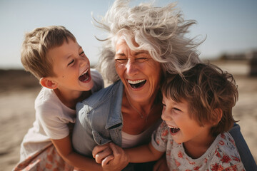 A lively mature woman laughing with her grandchildren, cherishing precious family time Generative AI