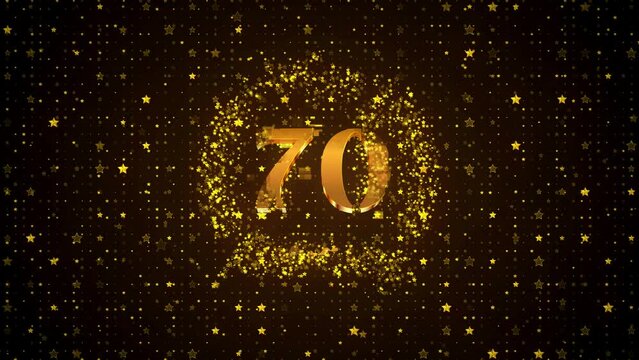 Luxury Motion View Golden Shiny Happy 70th Anniversary Logo reveal On Golden Brown Twinkle Star Shape Particles Sparkle Pattern Background