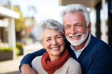 A loving mature couple embracing, with smiles that reflect a lifetime of happiness together Generative AI