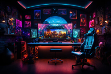 Gaming setup with colorful LED lights and monitors, gamer, computer games Generative AI