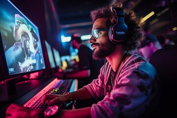 Gamer wearing gaming headphones and immersed in gameplay, gamer, computer games Generative AI