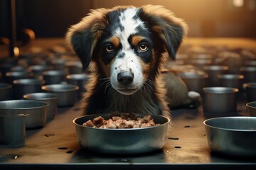 Hungry abandoned dog at the animal shelter by the bowl