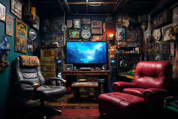 Gamer's room with posters and artwork of favorite games, gamer, computer games Generative AI
