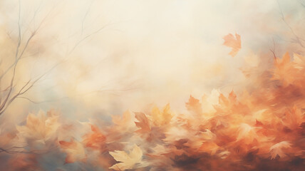 autumn blurred background, morning forest in a sunny fog yellow fall leaves, drawing layer painting