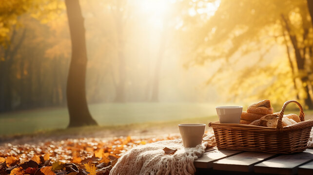 autumn landscape picnic in a sunny morning park picnic basket and walking fall