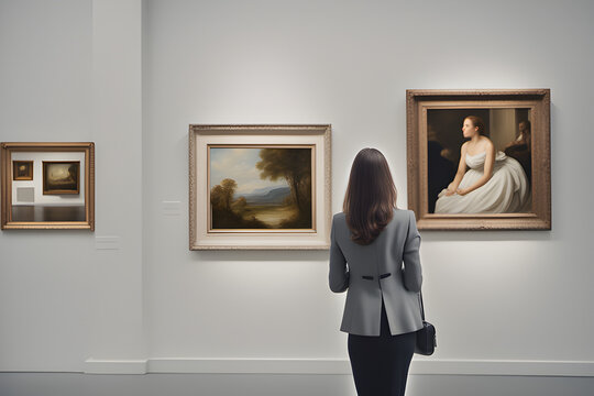 A Woman Looking At A Painting In An Art Gallery