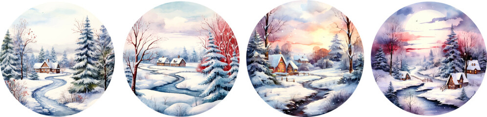 Watercolor winter landscape illustrations of nature, houses, trees for a New Year and Christmas background.