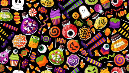 Halloween treats, candy pattern. Halloween background with scary objects. Candies, pumpkin, squash, halloween elements, potion, witch legs, bottle poison. Many types spooky dessert. Treats wallpapaer.