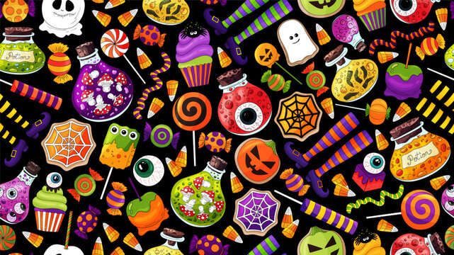 Halloween treats, candy pattern. Halloween background with scary objects. Candies, pumpkin, squash, halloween elements, potion, witch legs, bottle poison. Many types spooky dessert. Treats wallpapaer.