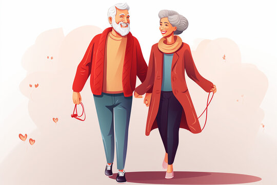 An animated mature couple taking a leisurely walk, enjoying life's precious moments hand in hand Generative AI