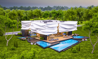 Fototapeta na wymiar 3d rendering of cute cozy modern house with bionic natural curves plastic forms with parking and pool for sale or rent with beautiful landscape. Clear summer evening with cozy light from window