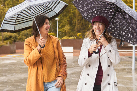 happy friends walking under the rain with umbrellas