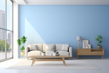 bright living room interior with royal blue couch | White minimalist living room interior with sofa | Modern luxury living room | Modern mid century interior of living room, Generative AI