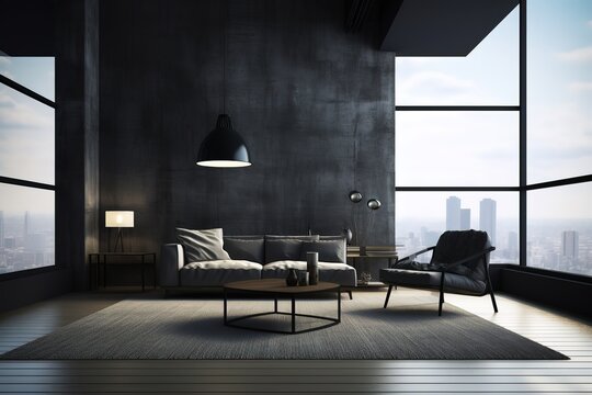 The stylish composition at living room interior with minimal design | Spacious long living room with dark design | ,Generative AI