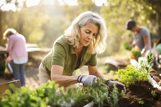 A radiant mature woman participating in a community gardening project, enjoying the sense of camaraderie Generative AI