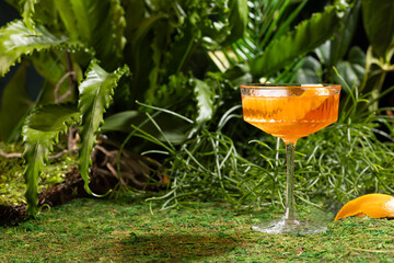 Aperol spritz cocktail in a crystal glass on a tropical background