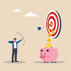 Smart businessman hitting on target, earning money and saving profit in piggy bank. Financial target, investment, make profit, reach savings concept.