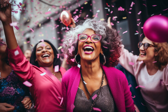A jubilant mature woman celebrating a milestone event with friends, surrounded by love and laughter Generative AI