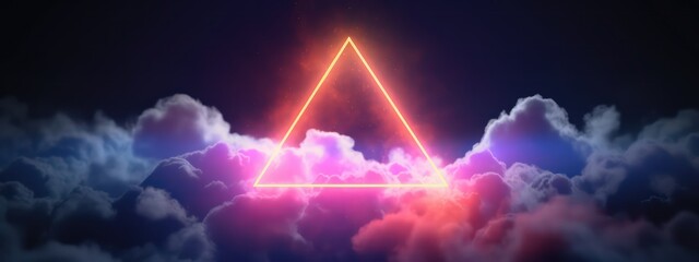 3d render, abstract background. Neon light glowing inside the cloud and neon triangular shape