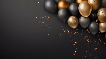 Black and golden balloons with sparkles high detailed background, in the style of dark gray created with Generative AI technology - obrazy, fototapety, plakaty