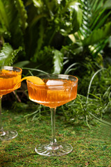 Aperol spritz cocktail in a crystal glass on a tropical background