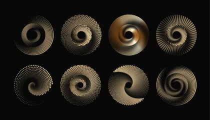 Foto op Aluminium A captivating spiral dots backdrop with an abstract golden-colored vector illustration on a black background. This trendy design element suits frames, round logos, signs, symbols, web graphics, prints © Vallabh soni