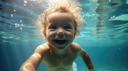 Fototapeta na wymiar Active baby diving in swimming pool with fun jump deep down underwater.