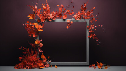 Fototapeta na wymiar rectangular arch, frame of branches and leaves autumn theme on a dark background, presentation of a new product, stage