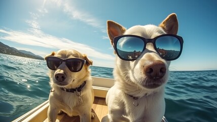 Two stylish dogs enjoying a sunny day on a boat ride in the sea.