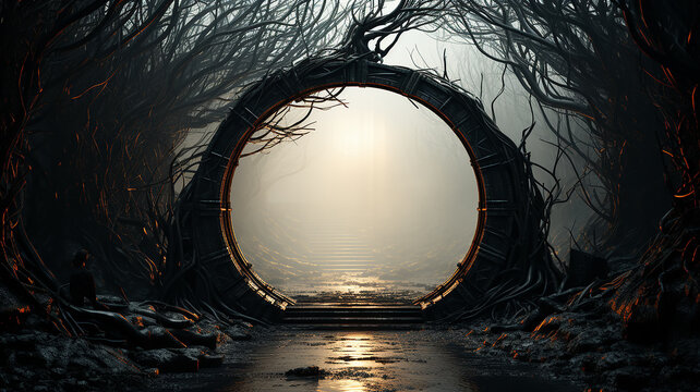 halloween gloomy dark background autumn forest of horror, round arch of branches, entrance to the foggy