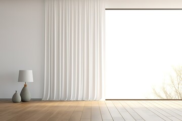White empty room mock-up with brown curtain, white door and wood floor. 3D illustration | Modern living room interior with blank space and empty wall, Generative AI
