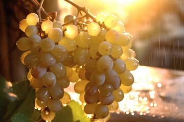 Fresh green grape fruits still wet with dew growing on a plantation in the morning during the...