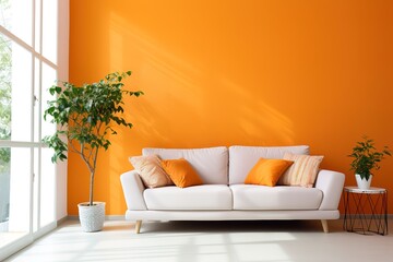 Home interior mock-up with orange sofa, floor lamp and pampas grass in living room, 3d render, Generative AI