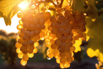 Fresh grape fruit still wet with dew that grows on a plantation in the morning during the golden...
