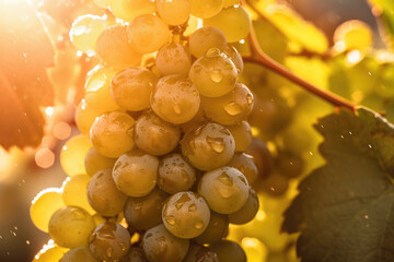 Fresh grape fruit still wet with dew that grows on a plantation in the morning during the golden...