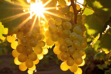 Fresh grape fruit still wet with dew that grows on a plantation in the morning during the golden...