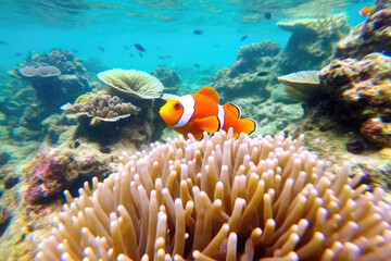Naklejka na ściany i meble Underwater view of a clowfish swimming among coral reefs and marine life