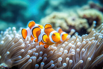 Fototapeta na wymiar Underwater view of a clowfish swimming among coral reefs and marine life