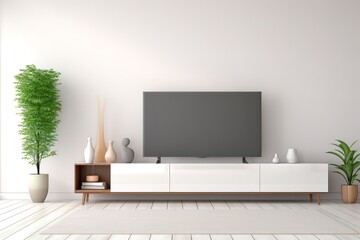 Mockup a TV wall mounted with armchair in living room with a white wall. Generative AI