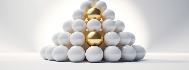 3d render, abstract minimalist geometric background. Gold ball placed in the center of triangular pile of white balls