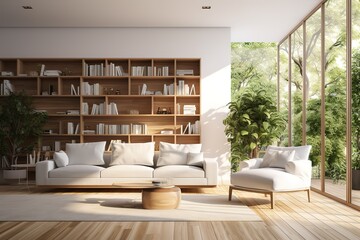 Fototapeta na wymiar Interior of a large modern living room or home library with white and wooden walls, wooden floor, comfortable armchair and bookcase, generative AI