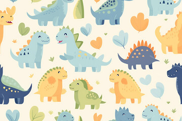 Cute seamless pattern of lots of cartoon doodle dinosaurs. Pastel delicate light colors, repeat dino animals texture, baby pattern.