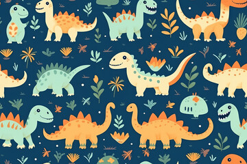 Cute seamless pattern of lots of cartoon doodle dinosaurs isolated on flat dark blue background, repeat dino animals texture, baby pattern.